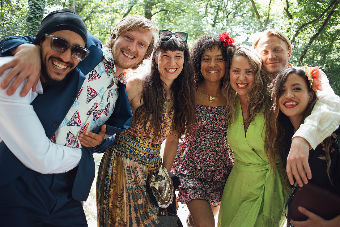 An eclectic mix of outfits is on display during a lively wedding celebration in Pembrokeshire