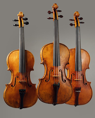 3 of Simons Violins studio lit against a grey background
