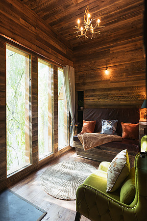 The main living area with view towards the willow at Pomeroy Tree House, Orchard at Fenny, Somerset