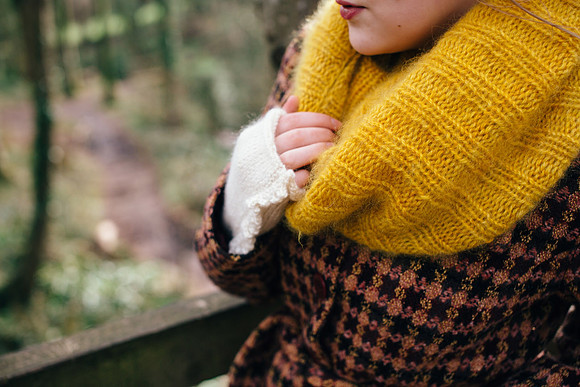 Yellow scarf worn by model on a fashion photoshoot