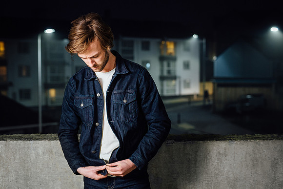 Model wearing Bull-it jeans denim jacket on photoshoot