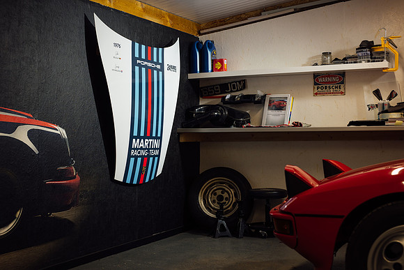 Classic Porsche Bonnet hung in a garage