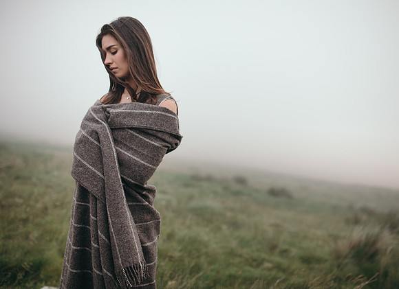 Real wool throw worn by model on fashion photoshoot