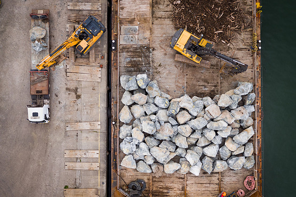 Vertical drone view of boulder loading at Pembroke Port
