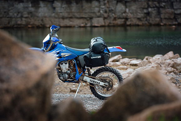 Supafactory luggage on the back of a Yamaha offroad bike