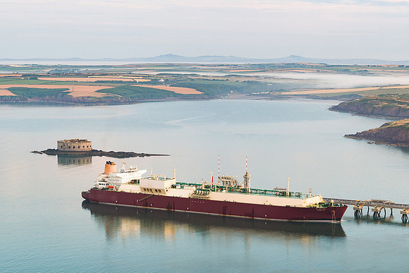 Ship Photography with a Drone - LNG Tanker. Photographed in Pembrokeshire by drone