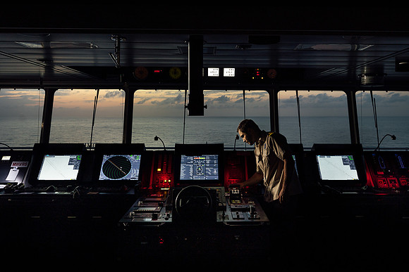 Dusk at the bridge of a 350 metre super container ship