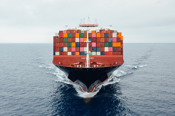 Commercial containership photographed at sea with a drone