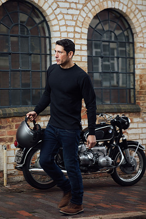 Merlin lifestyle clothing worn by model pictured in front of BMW r60 vintage motorcycle