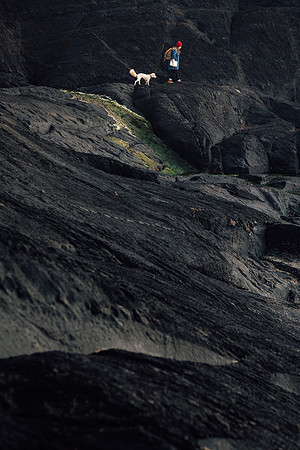 Female with a golden doodle dog exploring the coast in Pembrokeshire