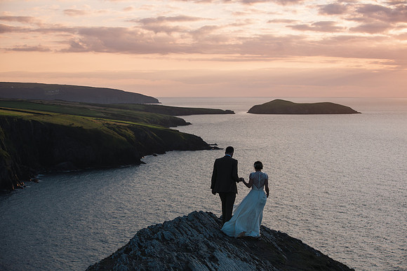 Owen Howells Wedding Photography in Pembrokeshire- Newly Married Couple sunset